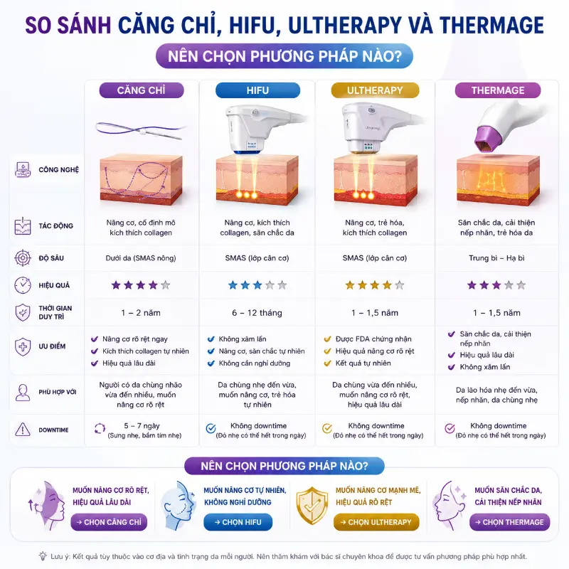 So Sánh Căng Chỉ, HIFU, Ultherapy Và Thermage: Nên Chọn Phương Pháp Nào?